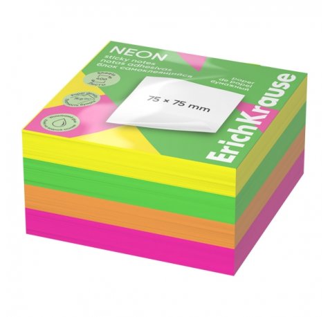 ErichKrause Neon Bloc de 400 Notas Adhesivas Reposicionables - Papel de 75g/m2 - 75x75mm - Pegamento a Base de Agua - Colores Surtidos (6 uds)