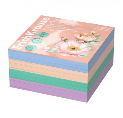 ErichKrause Pastel Bloom Bloc de 400 Notas Adhesivas Reposicionables - Papel de 75g/m2 - 75x75mm - Pegamento a Base de Agua - Colores Surtidos (6 uds)