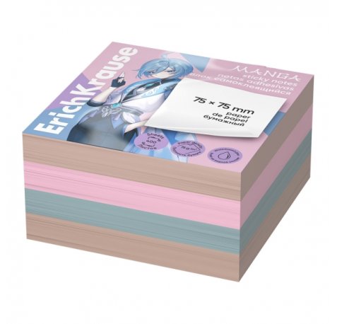 ErichKrause Manga Bloc de 400 Notas Adhesivas Reposicionables - Papel de 75g/m2 - 75x75mm - Pegamento a Base de Agua - Colores Surtidos (6 uds)