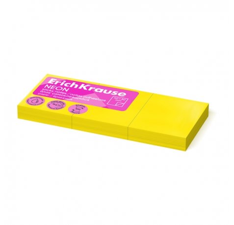 ErichKrause Neon Pack de 3 Blocs de 100 Notas Adhesivas Reposicionables - Papel de 75g/m2 - 40X50mm - Pegamento a Base de Agua - Color Amarillo