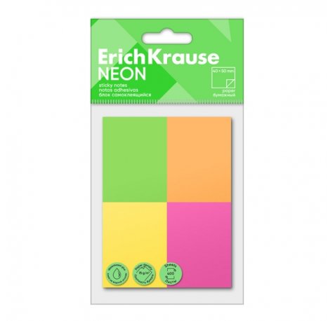 ErichKrause Neon Pack de 4 Blocs de 100 Notas Adhesivas Reposicionables - Papel de 75g/m2 - 40X50mm - Pegamento a Base de Agua - Colores Surtidos