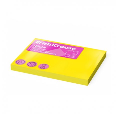 ErichKrause Neon Bloc de 100 Notas Adhesivas Reposicionables - Papel de 75g/m2 - 75x100mm - Pegamento a Base de Agua - Color Amarillo (12 uds)