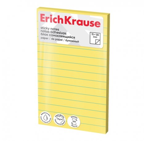 ErichKrause Bloc de 100 Notas Adhesivas Reposicionables - Papel de 75g/m2 - 75x125mm - Pegamento a Base de Agua - Color Amarillo (12 uds)