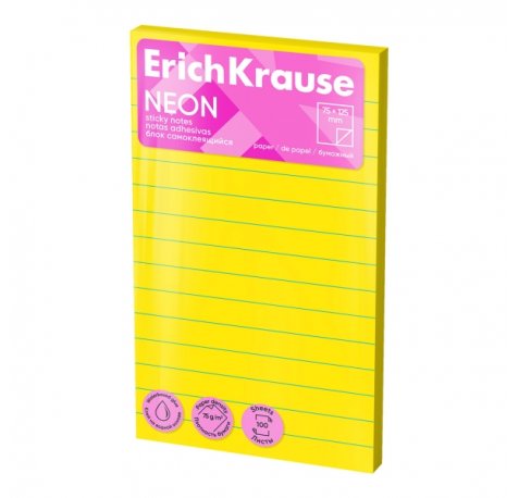 ErichKrause Neon Bloc de 100 Notas Adhesivas Reposicionables - Papel de 75g/m2 - 75x125mm - Pegamento a Base de Agua - Colores Surtidos (12 uds)