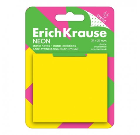 ErichKrause Neon Bloc de 50 Notas Adhesivas Reposicionables - Plastico - 75x75mm - Pegamento a Base de Agua - Color Amarillo