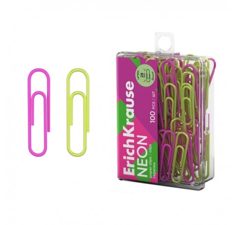 ErichKrause Neon Pack de 100 Clips Recubiertos - 28mm - Caja de Plastico - Colores Surtidos