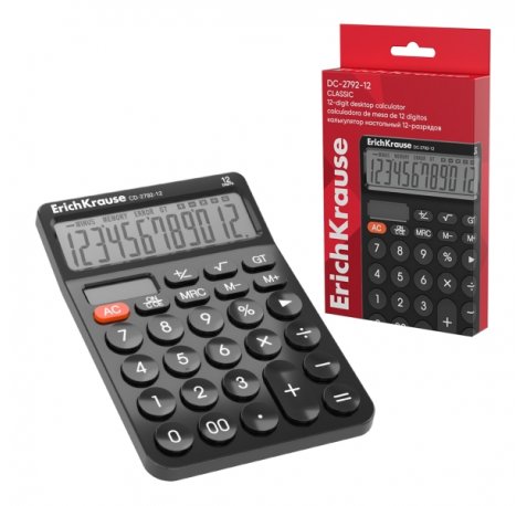 ErichKrause DC-2792-12 Classic Calculadora de Sobremesa - Pantalla LCD de 12 Digitos - Apagado Automatico - Alimentacion Solar - Color Negro