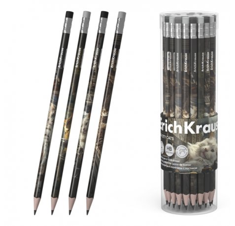 ErichKrause Big City Cats Lapiz de Grafito con Goma de Borrar - Mina HB - Cuerpo Triangular - Agarre Ergonomico - Colores Surtidos (42 uds)