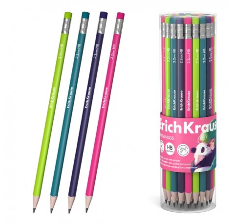 ErichKrause Panda Hugs Lapiz de Grafito con Goma de Borrar - Mina HB - Cuerpo Redondo - Agarre Ergonomico - Colores Surtidos (42 uds)