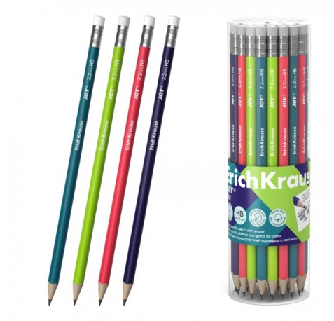 ErichKrause JOY Reef Lapiz de Grafito con Goma de Borrar - Mina HB - Cuerpo Redondo - Plastico - Colores Surtidos (42 uds)