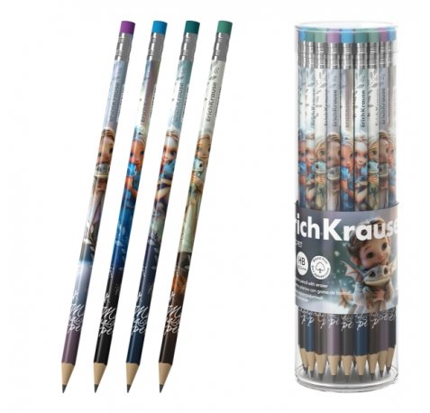 ErichKrause Magic Pet Lapiz de Grafito con Goma de Borrar - Mina HB - Cuerpo Redondo - Plastico - Colores Surtidos (42 uds)