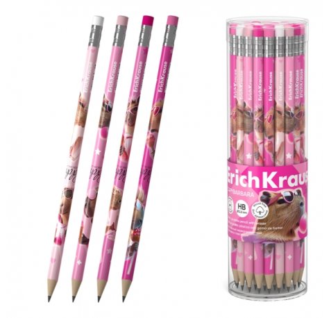 ErichKrause CapyBarbara Lapiz de Grafito con Goma de Borrar - Mina HB - Cuerpo Redondo - Plastico - Agarre Ergonomico - Colores Surtidos (42 uds)