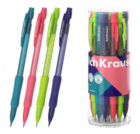 ErichKrause Reef Portaminas - Mina HB de 0.5mm - Goma de Borrar Integrada - Ergonomico - Colores Surtidos (24 uds)