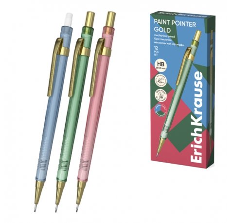 ErichKrause Paint Pointer Gold Portaminas - Mina HB de 0.5mm - Goma de Borrar Integrada - Colores Surtidos (12 uds)