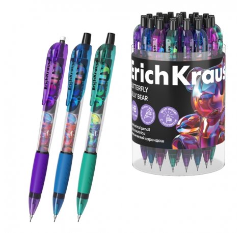 ErichKrause Butterfly Jelly Bear Portaminas - Mina HB de 0.7mm - Goma de Borrar Integrada - Ergonomico - Colores Surtidos (24 uds)