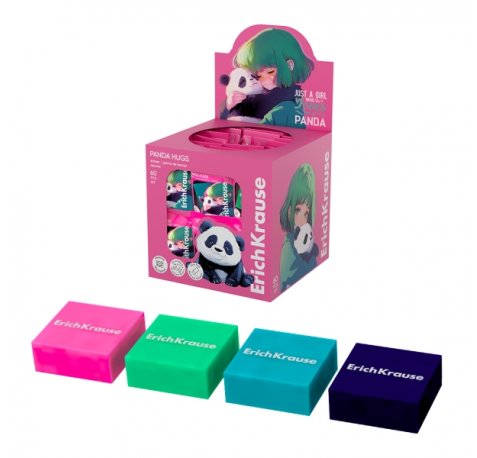 ErichKrause Panda Hugs Expositor con 60 Gomas de Borrar - PVC Ecologico - Hipoalergenico - No Deja Residuos - Colores Surtidos