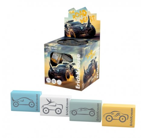 ErichKrause Road Beast Expositor con 60 Gomas de Borrar - Caucho Termoplastico - Hipoalergenico - Libre de Polvo y PVC - Colores Surtidos