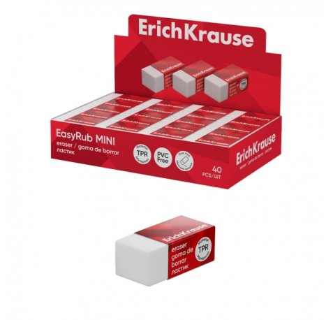 ErichKrause EasyRub Mini Expositor con 40 Gomas de Borrar - Caucho Termoplastico - No Deja Residuos - Libre de PVC - Color Blanco