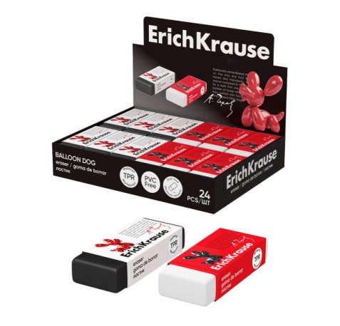 ErichKrause Balloon Dog Expositor con 24 Gomas de Borrar - Caucho Termoplastico - Hipoalergenico - Libre de Polvo y PVC - Colores Surtidos