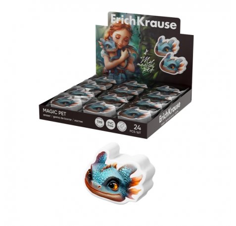 ErichKrause Magic Pet Expositor con 24 Gomas de Borrar - Caucho Termoplastico - No Deja Residuos - No Rasga el Papel - Color Varios