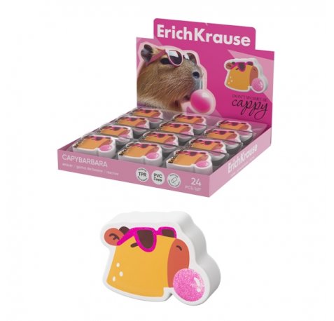 ErichKrause CapyBarbara Expositor con 24 Gomas de Borrar - Caucho Termoplastico - Borrado Suave - No Deja Residuos - No Rasga el Papel - Libre de PVC - Color Varios