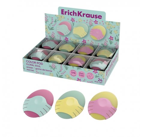 ErichKrause Color Pod Floral Soul Expositor con 30 Gomas de Borrar - Caucho Termoplastico - Hipoalergenico - Libre de Polvo y PVC - Borrado Suave - Colores Surtidos