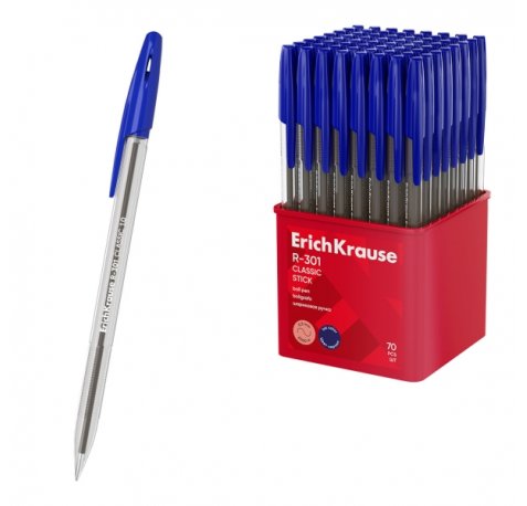 ErichKrause R-301 Stick Classic Boligrafo con Capuchon - Punta de 1.0mm - Cuerpo Transparente - Trazo 0.5mm - Tinta de Secado Rapido - Tapa Ventilada - Color Azul (70 uds)