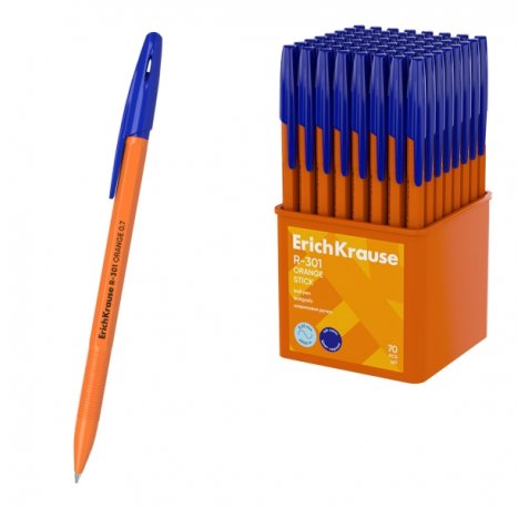 ErichKrause R-301 Stick Orange Boligrafo con Capuchon - Punta de 0.7mm - Cuerpo Opaco Naranja - Trazo 0.35mm - Tinta de Secado Rapido - Tapa Ventilada - Color Azul (70 uds)