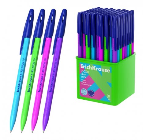 ErichKrause R-301 Stick Neon Boligrafo con Capuchon - Modelos Surtidos - Trazo 0.5mm - Tinta de Secado Rapido - Contenedor de Plastico - Tapa Ventilada - Color Azul (70 uds)