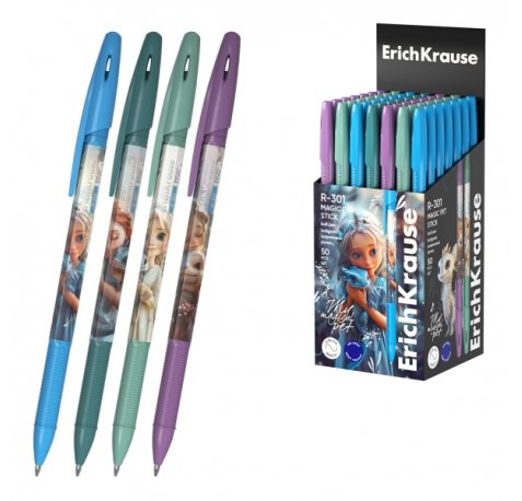 ErichKrause R-301 Stick Magic Pet Boligrafo con Capuchon - Modelos Surtidos - Trazo 0.35mm - Tinta de Secado Rapido - Tapa Ventilada - Color Azul (50 uds)