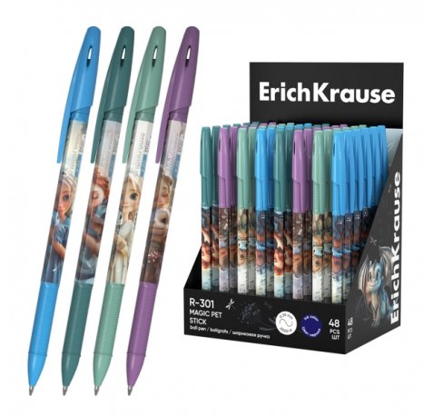 ErichKrause R-301 Stick Magic Pet Expositor con 48 Boligrafos con Capuchon - Modelos Surtidos - Trazo 0.35mm - Tinta de Secado Rapido - Tapa Ventilada - Color Azul