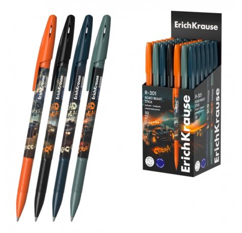 ErichKrause R-301 Stick Road Beast Boligrafo con Capuchon - Modelos Surtidos - Trazo 0.35mm - Tinta de Secado Rapido - Tapa Ventilada - Color Azul (50 uds)
