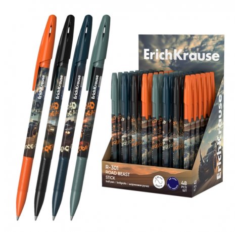 ErichKrause R-301 Stick Road Beast Expositor con 48 Boligrafos con Capuchon - Modelos Surtidos - Trazo 0.35mm - Tinta de Secado Rapido - Tapa Ventilada - Color Azul