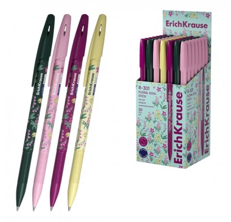 ErichKrause R-301 Stick Floral Soul Boligrafo con Capuchon - Modelos Surtidos - Trazo 0.35mm - Tinta de Secado Rapido - Tapa Ventilada - Color Azul (50 uds)
