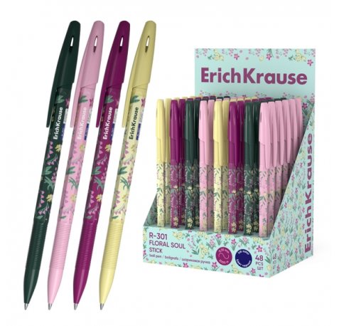 ErichKrause R-301 Stick Floral Soul Expositor con 48 Boligrafos con Capuchon - Modelos Surtidos - Trazo 0.35mm - Tinta de Secado Rapido - Tapa Ventilada - Color Azul