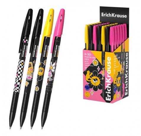 ErichKrause R-301 Stick Positive Vibe Boligrafo con Capuchon - Modelos Surtidos - Trazo 0.35mm - Tinta de Secado Rapido - Tapa Ventilada - Color Azul (50 uds)