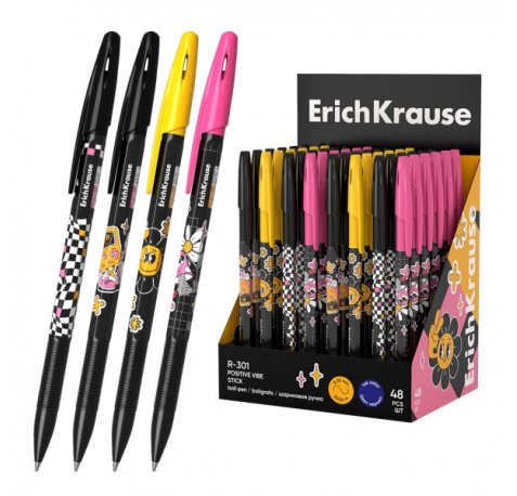 ErichKrause R-301 Stick Positive Vibe Expositor con 48 Boligrafos con Capuchon - Modelos Surtidos - Trazo 0.35mm - Tinta de Secado Rapido - Tapa Ventilada - Color Azul