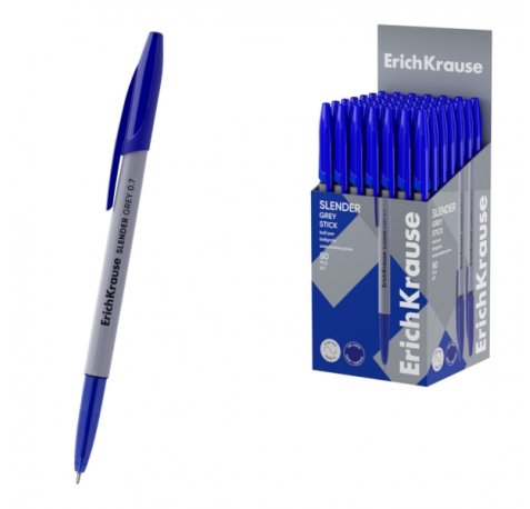 ErichKrause Slender Stick Grey Boligrafo con Capuchon - Punta de Aguja 0.7mm - Cuerpo Opaco Gris - Trazo 0.26mm - Tinta de Baja Viscosidad - Tapa Ventilada - Color Azul (50 uds)