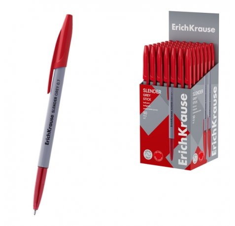 ErichKrause Slender Stick Grey Boligrafo con Capuchon - Punta de Aguja 0.7mm - Cuerpo Opaco Gris - Trazo 0.26mm - Tinta de Baja Viscosidad - Tapa Ventilada - Color Rojo (50 uds)