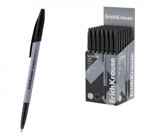 ErichKrause Slender Stick Grey Boligrafo con Capuchon - Punta de Aguja 0.7mm - Cuerpo Opaco Gris - Trazo 0.26mm - Tinta de Baja Viscosidad - Tapa Ventilada - Color Negro (50 uds)