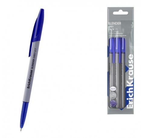 ErichKrause Slender Stick Grey Pack de 4 Boligrafos con Capuchon - Punta de Aguja 0.7mm - Cuerpo Opaco Gris - Trazo 0.26mm - Tinta de Baja Viscosidad - Tapa Ventilada - Color Azul