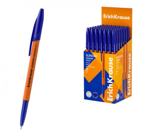 ErichKrause Slender Stick Orange Boligrafo con Capuchon - Punta de Aguja 0.7mm - Cuerpo Opaco Naranja - Trazo 0.26mm - Tinta de Baja Viscosidad - Tapa Ventilada - Color Azul (50 uds)