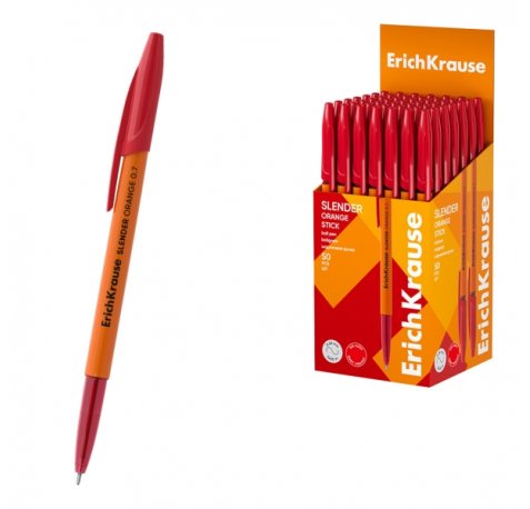 ErichKrause Slender Stick Orange Boligrafo con Capuchon - Punta de Aguja 0.7mm - Cuerpo Opaco Naranja - Trazo 0.26mm - Tinta de Baja Viscosidad - Tapa Ventilada - Color Rojo (50 uds)