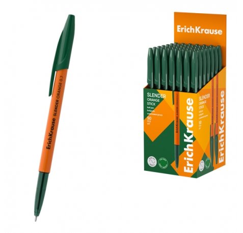 ErichKrause Slender Stick Orange Boligrafo con Capuchon - Punta de Aguja 0.7mm - Cuerpo Opaco Naranja - Trazo 0.26mm - Tinta de Baja Viscosidad - Tapa Ventilada - Color Verde (50 uds)