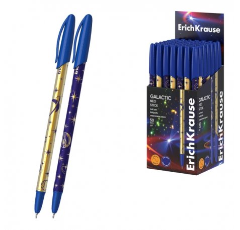 ErichKrause Neo Stick Galactic Boligrafo con Capuchon - Modelos Surtidos - Trazo 0.26mm - Tinta de Baja Viscosidad - Tapa Ventilada - Color Azul (50 uds)
