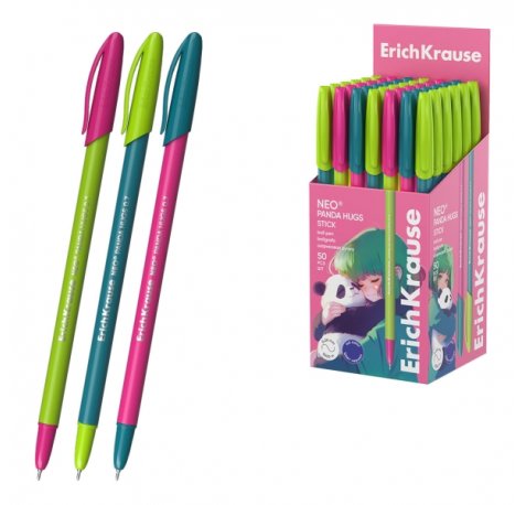 ErichKrause Neo Stick Panda Hugs Boligrafo con Capuchon - Modelos Surtidos - Trazo 0.26mm - Tinta de Baja Viscosidad - Tapa Ventilada - Color Azul (50 uds)