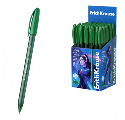 ErichKrause U-108 Stick Original Boligrafo con Capuchon - Punta de 1.0mm - Trazo 0.3mm - Tinta de Baja Viscosidad - Tapa Ventilada - Color Verde (50 uds)
