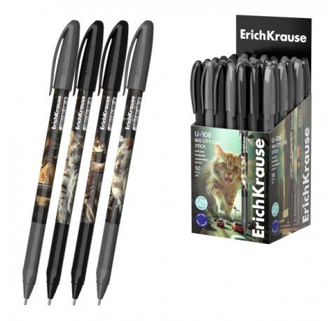 ErichKrause U-108 Stick Big City Cats Boligrafo con Capuchon - Modelos Surtidos - Trazo 0.3mm - Tinta de Baja Viscosidad - Tapa Ventilada - Color Azul (50 uds)