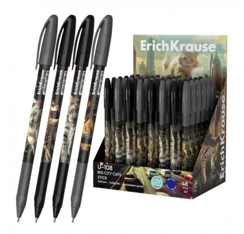 ErichKrause U-108 Stick Big City Cats Expositor con 48 Boligrafos con Capuchon - Modelos Surtidos - Trazo 0.3mm - Tinta de Baja Viscosidad - Tapa Ventilada - Color Azul