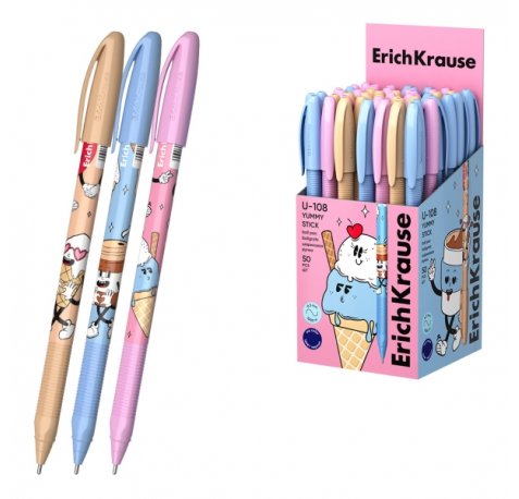 ErichKrause U-108 Stick Yummy Boligrafo con Capuchon - Modelos Surtidos - Trazo 0.3mm - Tinta de Baja Viscosidad - Tapa Ventilada - Color Azul (50 uds)